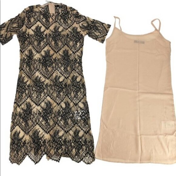 Caara Scalloped Lace Shift Dress Black Beige Size Small new with tags #115 - Picture 2 of 8